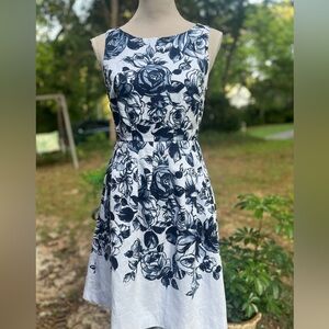 Talbots Fit & Flare Print Cotton Dress, Blue & White, 2P, EUC